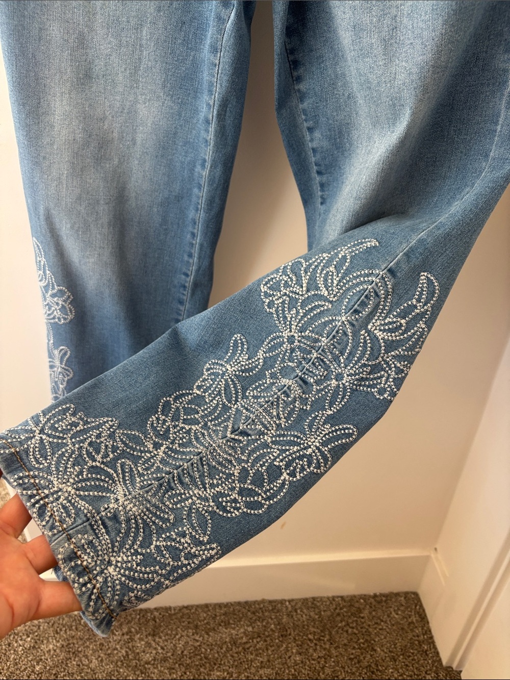 Embroidered Light Blue Wide Leg Jeans with Floral Details